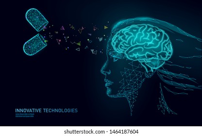 Brain treatment low poly 3D render. Drug nootropic human ability stimulant smart mental health. Medicine cognitive rehabilitation in Alzheimer disease and dementia patient vector illustration