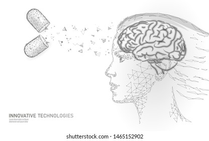 Brain Treatment Low Poly 3D Render. Drug Nootropic Human Ability Stimulant Smart Mental Health. Medicine Cognitive Rehabilitation In Alzheimer Disease And Dementia Patient Vector Illustration