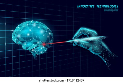 Brain treatment low poly 3D render. Medicine cognitive laser rehabilitation in Alzheimer disease and dementia vector illustration