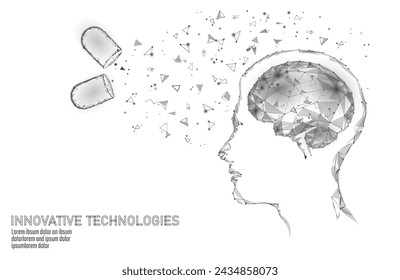  Brain treatment low poly 3D render. Drug nootropic human ability stimulant smart mental health. Medicine cognitive rehabilitation in Alzheimer disease and dementia patient vector illustration