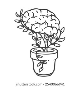 Brain tree with leaf growing in pot line icon. Outline hand drawn cognitive growth, positive mindset and personal skills development, mental health mascot, brain plant icon vector illustration