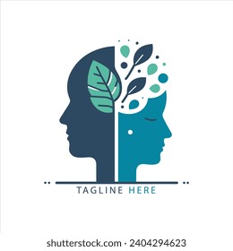 Brain tree leaf nature wtih minimalist style.  Fresh mind logo concept. Brain With leaf Logo.  Mental health awareness.  Two people with a fresh mind