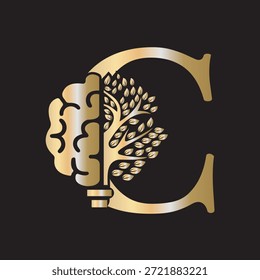 Logotipo del árbol del cerebro combinado con la letra C Plantilla del Vector
