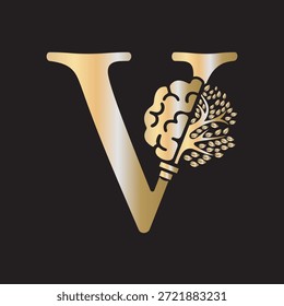 Logotipo de Brain Tree combinado con Plantilla de Vector de letra V