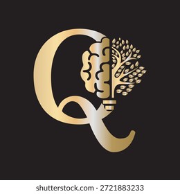 Logotipo de Brain Tree combinado con la letra Q Vector Plantilla