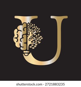 Logotipo de Brain Tree combinado con la letra U Plantilla de Vector