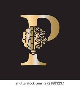 Logotipo de Brain Tree combinado con la letra P Plantilla de Vector