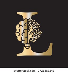 Logotipo del árbol del cerebro combinado con la letra L Plantilla de Vector