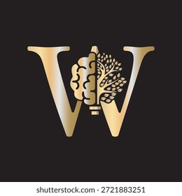Logotipo de Brain Tree combinado con la letra W Plantilla de Vector