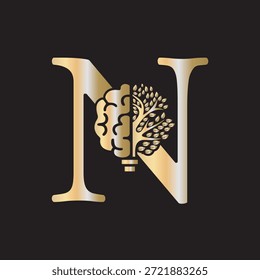 Logotipo de Brain Tree combinado con la letra N Plantilla de Vector