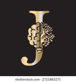 Logotipo de Brain Tree combinado con la letra J Plantilla de Vector