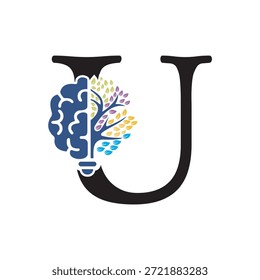 Logotipo de Brain Tree combinado con la letra U Plantilla de Vector