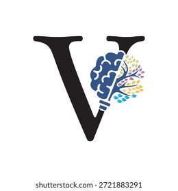 Logotipo de Brain Tree combinado con Plantilla de Vector de letra V