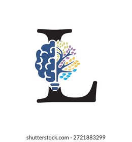 Logotipo del árbol del cerebro combinado con la letra L Plantilla de Vector