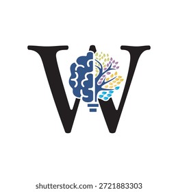Logotipo de Brain Tree combinado con la letra W Plantilla de Vector