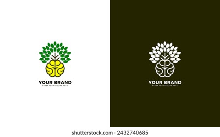 Brain tree logo. Brain growth icon design, leaf, tree, natural, green. Graphic vector illustration