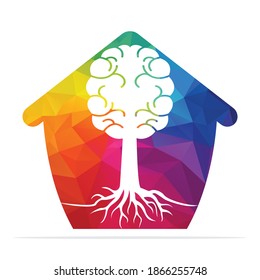 Diseño de concepto de raíces de árboles cerebrales. Árbol que crece en forma de cerebro humano y hogar.