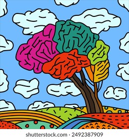 Brain tree symbol composed of a vibrant spectrum of colors. This vividness represents the diversity of human minds and experiences. Hand-drawn abstract vector illustration. Colorful background