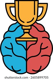 A brain with a trophy in the middle. The trophy is gold and the brain is blue and red