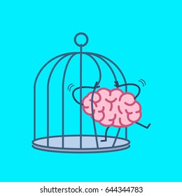 Brain trying open the grids to escape from cage. Vector concept illustration of free mind escaping out of the prison | flat design linear infographic icon on blue background