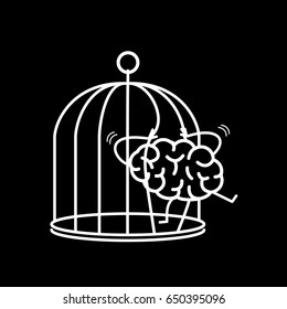 Brain trying open the grids to escape from cage. Vector concept illustration of free mind escaping out of the prison | flat design linear infographic icon white on black background