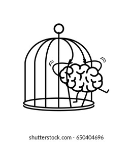 Brain trying open the grids to escape from cage. Vector concept illustration of free mind escaping out of the prison | flat design linear infographic icon black on white background