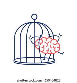 Brain trying open the grids to escape from cage. Vector concept illustration of free mind escaping out of the prison | flat design linear infographic icon red and blue on white background