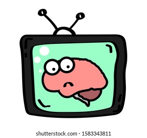 The brain in the TV on a white background. Cartoon. Vector illustration.