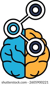 A brain with two circles on it, one blue and one orange. The circles are connected by a line
