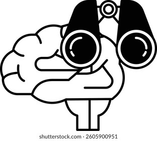 A brain with two eyes on it. The eyes are looking through a telescope. The brain is black and white
