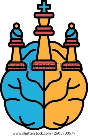 A brain with two halves and three chess pieces on top. The chess pieces are in the middle of the brain and are positioned in a way that they are looking up. The brain is blue and yellow