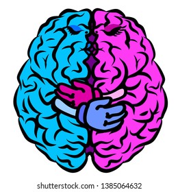 
Brain. The two halves of the whole brain of pink and blue embrace each other. Animation cartoon.