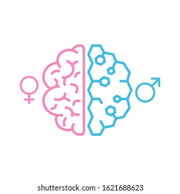 Brain. The two halves of the whole brain of pink and blue. Man and woman thinking concept. Stock vector illustration isolated on white background.