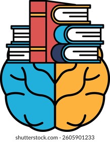 A brain with two heads and a stack of books on top of it. The books are of different sizes and colors. Concept of knowledge and learning, as the books represent the information