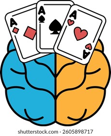 A brain with two heads and three playing cards on it.