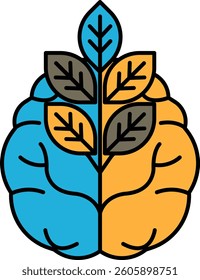 A brain with two leaves on it. The leaves are green and brown. The brain is blue and orange