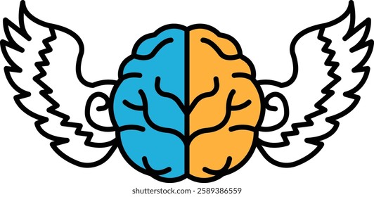 A brain with two wings on either side. The wings are white and blue