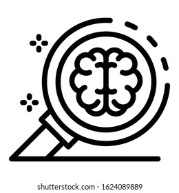 Brain under magnifier icon. Outline brain under magnifier vector icon for web design isolated on white background