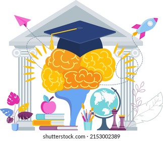 Brain and university graduate cap. Graduation gown. Student graduation party. Flat vector illustration.