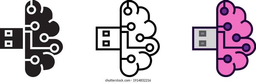 Brain with USB icon, Artificial Intelligence icon, vector illustration