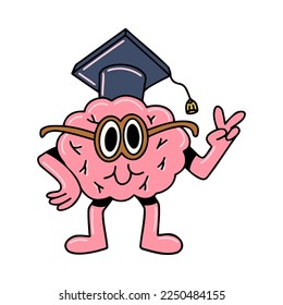 Brain vector cartoon character kawaii wear bachelor hat smart glasses celebrate intelligent clever student isolated on white background