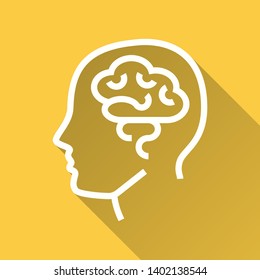 Brain vector icon with long shadow. Simple illustration isolated on yellow background for graphic and web design.