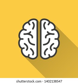 Brain vector icon with long shadow. Simple illustration isolated on yellow background for graphic and web design.