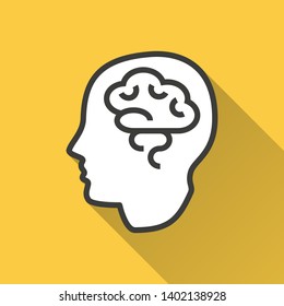 Brain vector icon with long shadow. Simple illustration isolated on yellow background for graphic and web design.