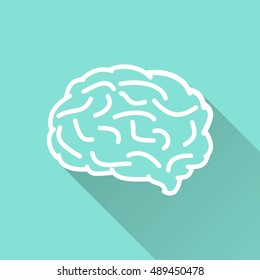 Brain vector icon with long shadow. White illustration isolated on green background for graphic and web design.