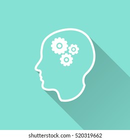 Brain vector icon with long shadow. White illustration isolated on green background for graphic and web design.