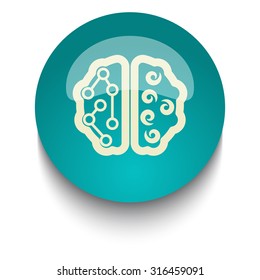 Brain vector icon on blue green glossy glass button on white background