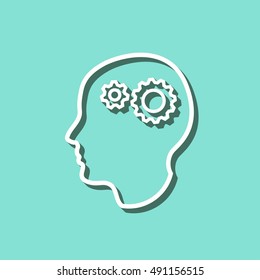 Brain vector icon with shadow. White illustration isolated on green background for graphic and web design.