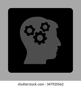 Brain vector icon. Style is flat rounded square button, gray and black colors, silver background.