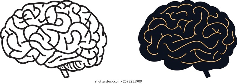 Brain Vector Illustration: Line Art and Silhouette on White Background